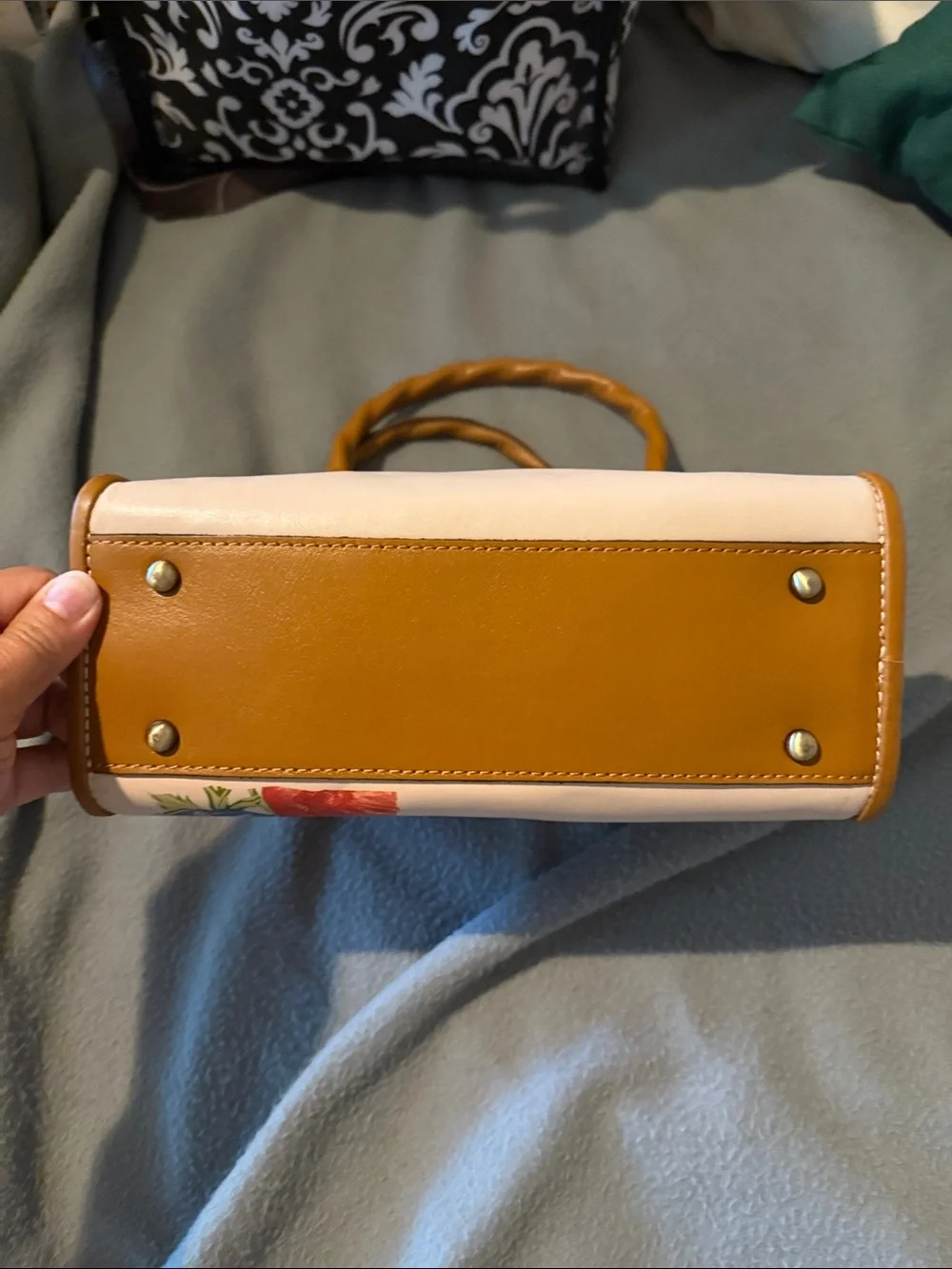 Patricia Nash Cream Satchel with Floral Print and Tan Handles